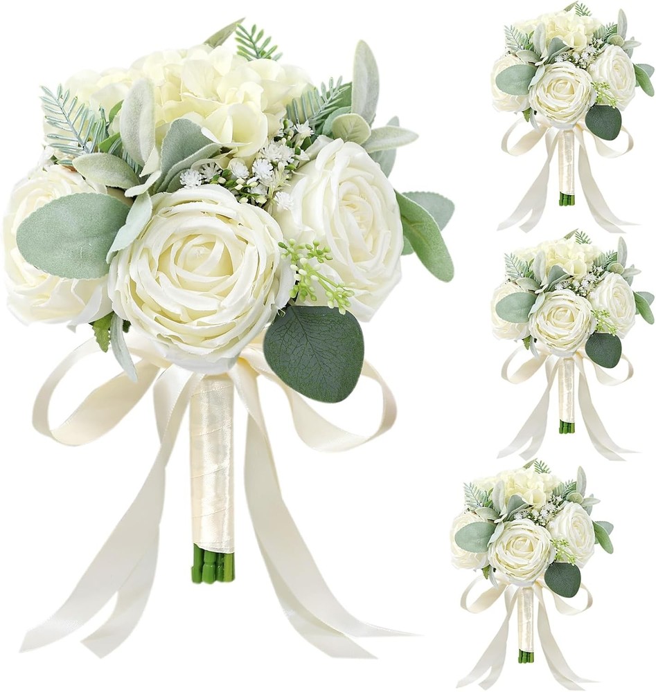 Set of 4 Bridesmaid Bouquets for Wedding – Silk Artificial Ivory Bridesmaid