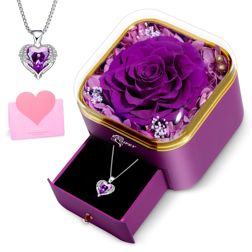 Valentines Day Gifts for Her – Preserved Real Purple Rose with Heart