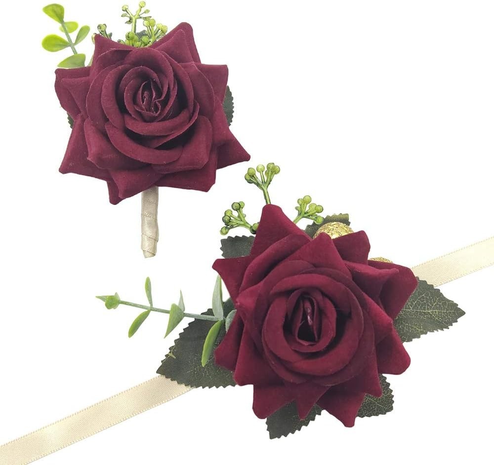 Wedding Prom Corsage and Boutonniere Set, Rose Wrist Corsage Ribbon Bracelet,…