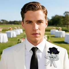 2Pcs Black Rose Corsage and Men Boutonniere Set Women Wristlet Band Wrist Bracel
