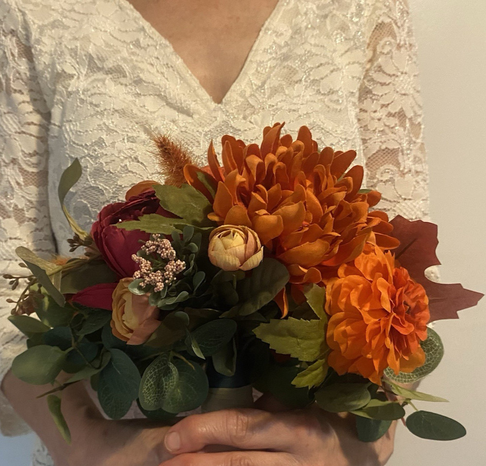 Beautiful Bridal Wedding Bouquet Budget Handmade Faux Flowers Orange Red Yellow