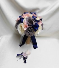 Wedding Silk Flower Bridal Bouquets Package Ivory Grey Navy Blue Pink/Blush