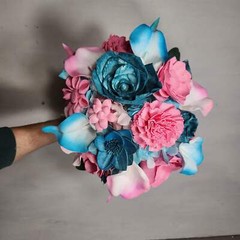 Pink Teal Rose Calla Lily Sola Wood Bridal Wedding Bouquet Accessories