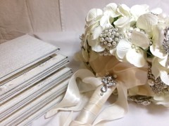 Vtg Wedding Handmade Brooch Bouquet Flowers~Rhinestones~+Table Tents Bridal Lot