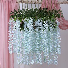 12 Piece Artificial Silk Wisteria Vine 3.6 Feet Hanging Flower Light Blue