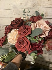 Wedding bouquet In Champagne And Burgundy With Matching Boutonnière