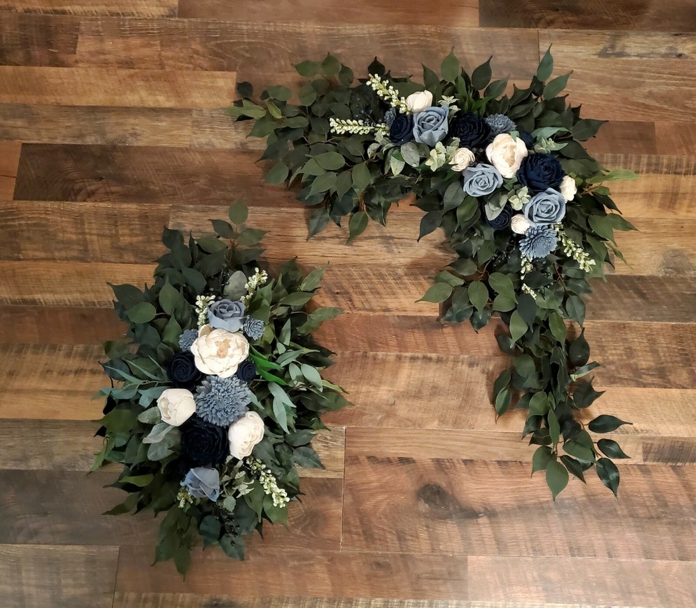 2PC Dusty Blue Navy White Arch Flowers Sola Wood Arbor Wedding Ceremony Decor