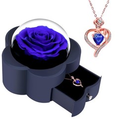 Preserved Rose with Heart Necklace, Eternal Flower Gift for ONE ROSE, Blue