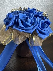 Royal Blue Foam Rose Bouquet Gold Ribbon Accents Wedding Prom Quinceañera Ramo