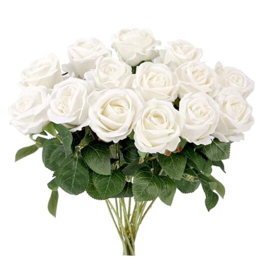 14PCS Roses Artificial Flowers, Velvet Silk Faux Roses with Long Stems White