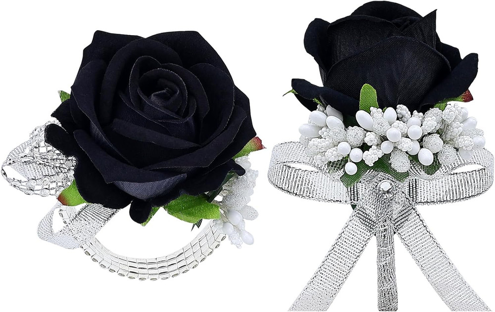 2Pcs Black Rose Corsage and Men Boutonniere Set Women Wristlet Band Wrist Bracel