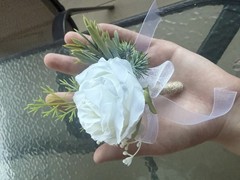 White Artificial Rose Bouquet w/ Matching Wrist Corsage and Boutonnière