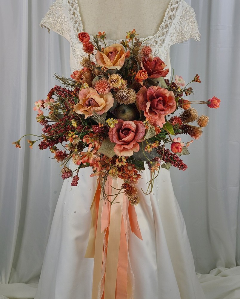 Dusty Autumn Ribbons and Rose Faux Silk Bridal Bouquet