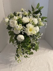 Wedding Bridal Bouquet Hand held White Silk Flowers Peonies Cascading NEW