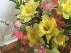 VINTAGE SILK FLOWER mixed flowers COTTAGE ARRANGEMENT CaleCA pitcher with DAMAGE