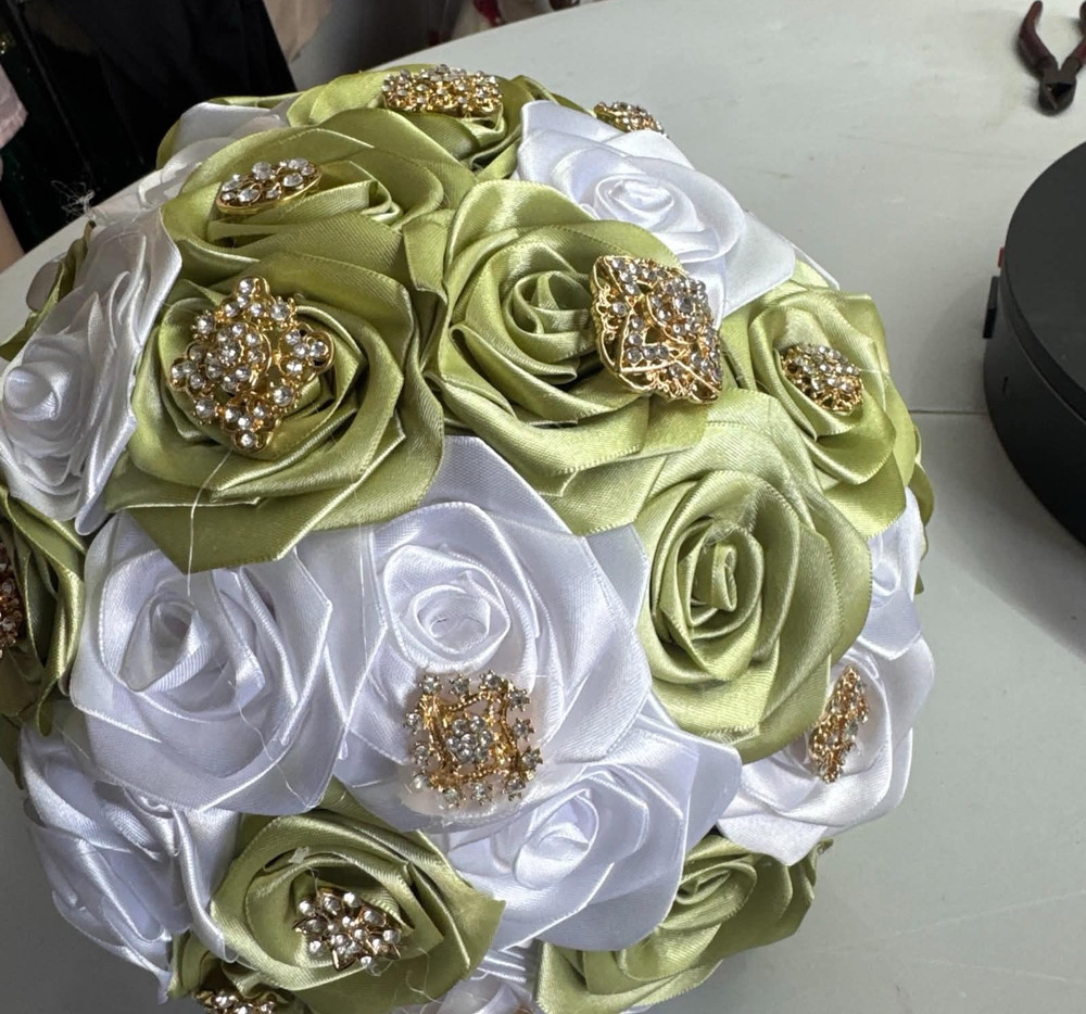Artificial Fabric Rose Wedding Bouquet Ball White Sage Green Gold Rhinestones
