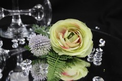 Light green rose & ranunculus w/ lavendar hints w/ matching boutonniere