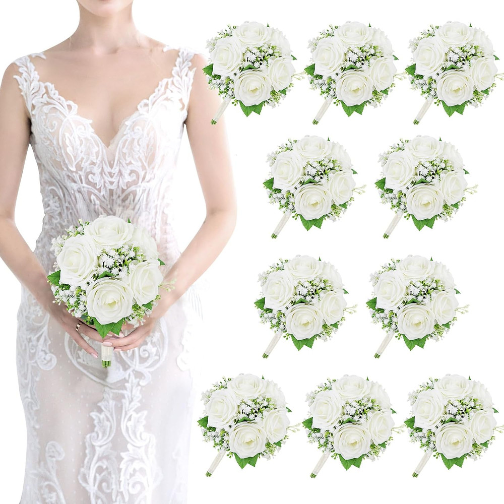 Set of 10 Ivory White Rose Silk Bridesmaid Bouquets for Weddings & Events
