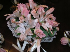 5Pc Wedding Pkg 12″ Bride Bouquet Silk Peach Roses & Lilies 3 Bridesmaid 1groom