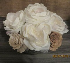 Burlap Roses & White Silk Rose Handmade Arrangement in Metallic Pot