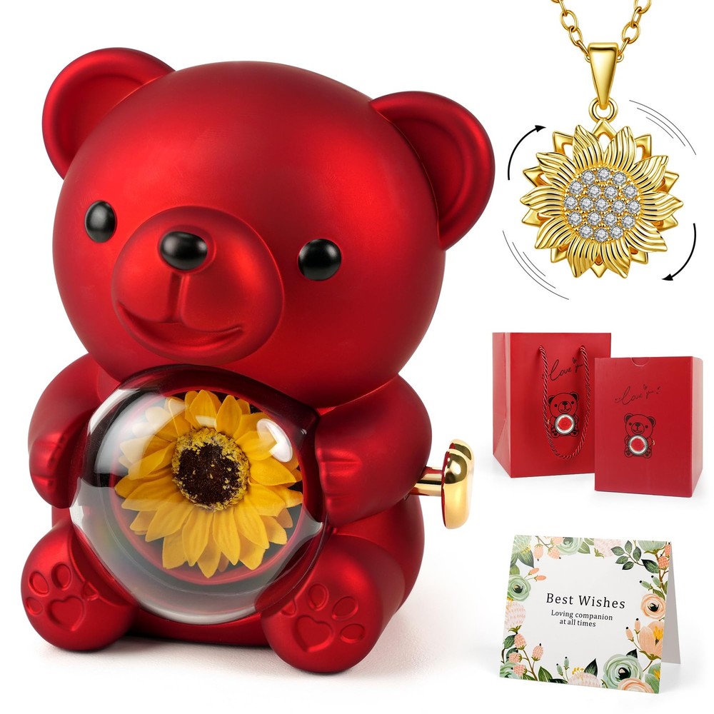 Trinckle Sunflower Necklaces for Women Valentines Teddy Bear with Red