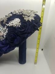 11” Rhinestone Brooch Bridal Bouquet Navy Blue Wedding Rose with Jewel Décor