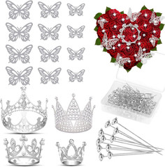 Flower Bouquet Accessories Including 4Pcs Crown Cake Topper Mini Tiara,12 Butter