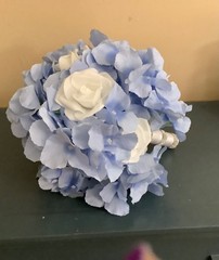 Periwinkle Hydrangea and white rose wedding bouquet