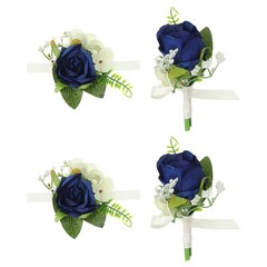4 Pcs Artificial Rose Wrist Corsage and Boutonnieres Set Wedding Dark Blue