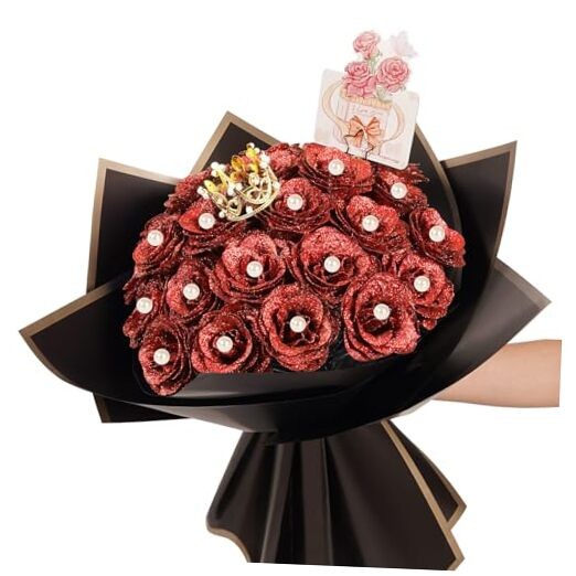 25 Pcs Glitter Roses Bouquet,DIY Artificial Bouquet of Shiny Faux Rose Red