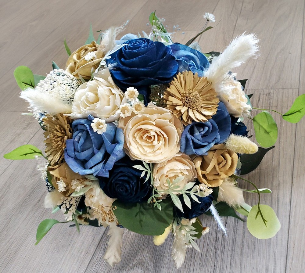 Dusty Navy Blue Bridal Bouquet Brown Sola Wood Tan Bridesmaid Wedding Flowers