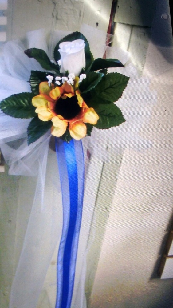 6pc wedding pew bows white and sunflower with Royal blue streamers rush orders