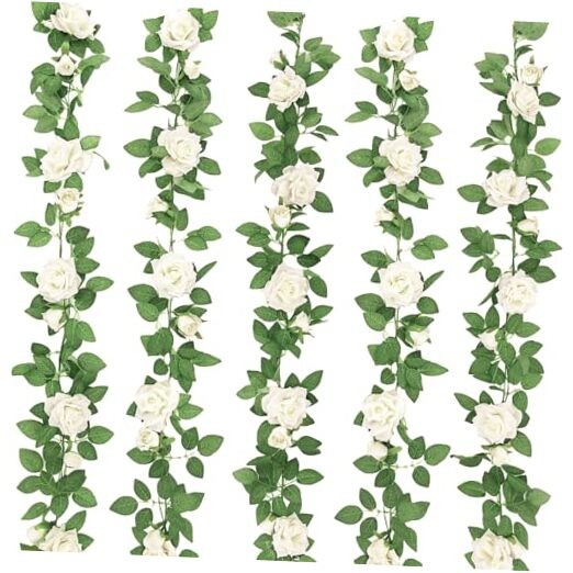 5Pcs 32.5FT Artificial Rose Vine Fake Flower Garland Fake Silk Floral White