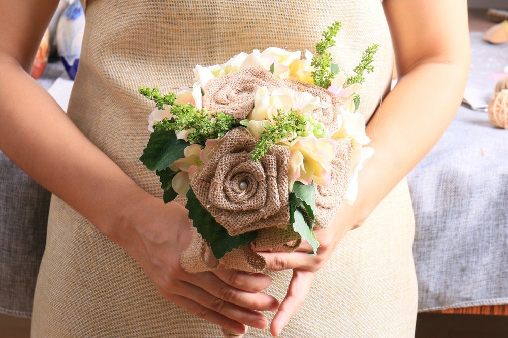 Handmade Burlap Wedding Bouquet Artificial Rose Pearl LaceBridesmaid Toss Bridal