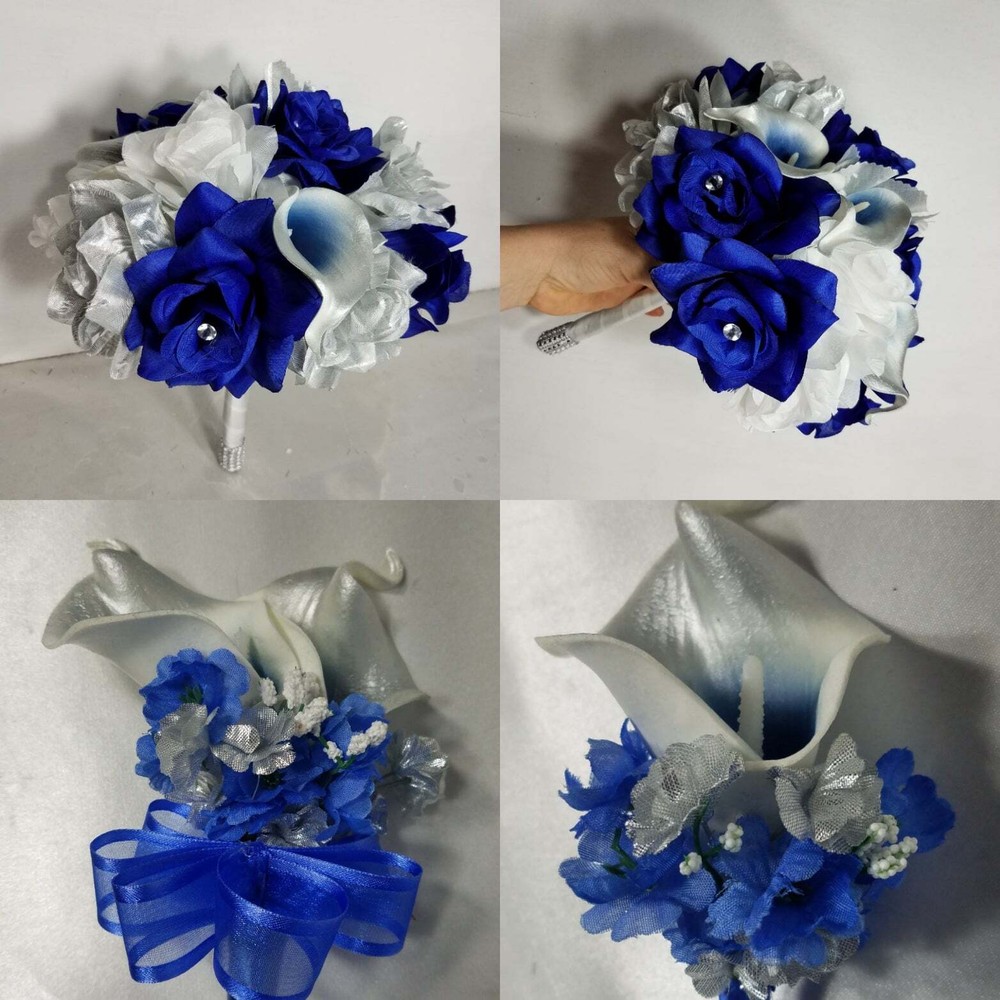 Royal Blue Silver White Rose Calla Lily Bridal Wedding Bouquet Accessories