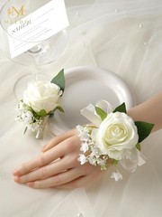 Wrist Corsage and Boutonniere Set2pcs, Ivory White Artificial Silk Rose Pearl…