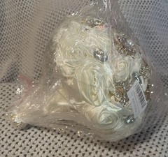 Hmplimue Handmade Ivory Silk Rose Bridal Bouquet 7.5” w/Rhinestones