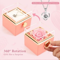 HIAGROW Preserved Real Pink Forever Rose Rotating Box with I Love You