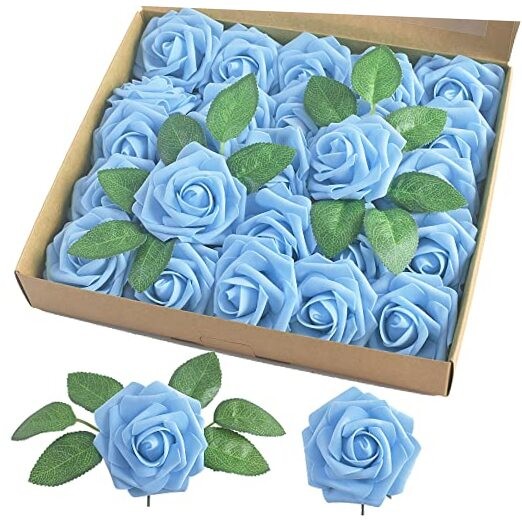 Artificial Rose, 25pcs Foam Artificial Flowers with Stem for Home Aqua Blue