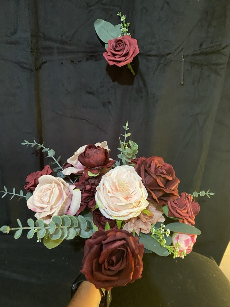 Wedding bouquet In Champagne And Burgundy With Matching Boutonnière