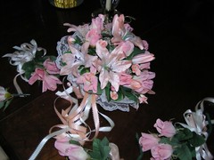 5Pc Wedding Pkg 12″ Bride Bouquet Silk Peach Roses & Lilies 3 Bridesmaid 1groom