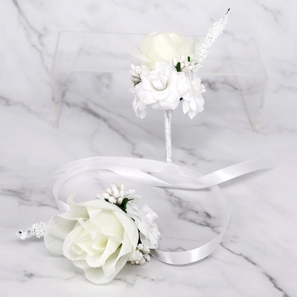 Wedding Wrist Corsage & Boutonniere Artificial Rose White