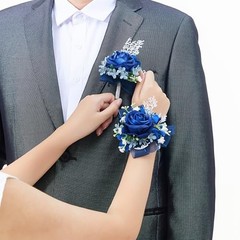 2 pcs Wrist Corsage and Boutonniere Set, Deep Blue Rose Wrist Deep Blue Corsage