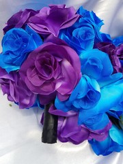 22 PC Wedding Bouquet Package, Purple & Blue & Black, Cascading Wedding Bouquet