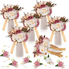 12 Pcs White Rose Bridesmaid Bouquets & Groomsmen Boutonnieres Set