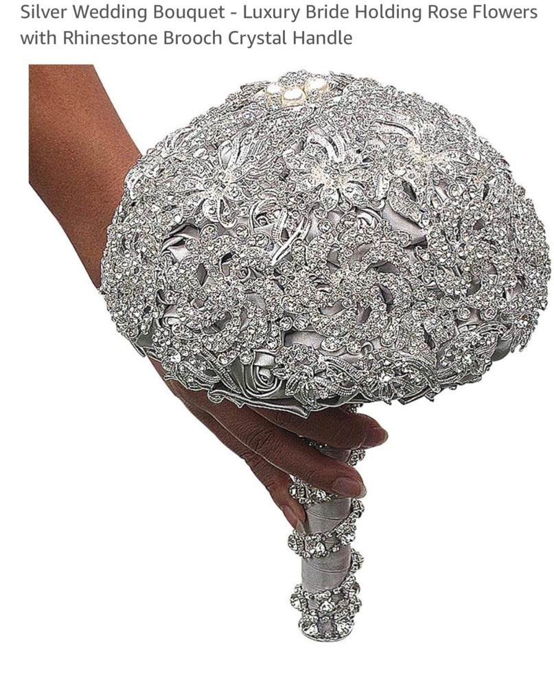 Silver Wedding Bouquet – Luxury Bride Holding Rose Flowers with Rhinestone Brooc