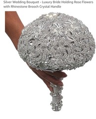 Silver Wedding Bouquet – Luxury Bride Holding Rose Flowers with Rhinestone Brooc