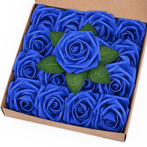 16Pcs Artificial Flowers Fake Roses with Stems, Royal Blue Boxed Foam Roses