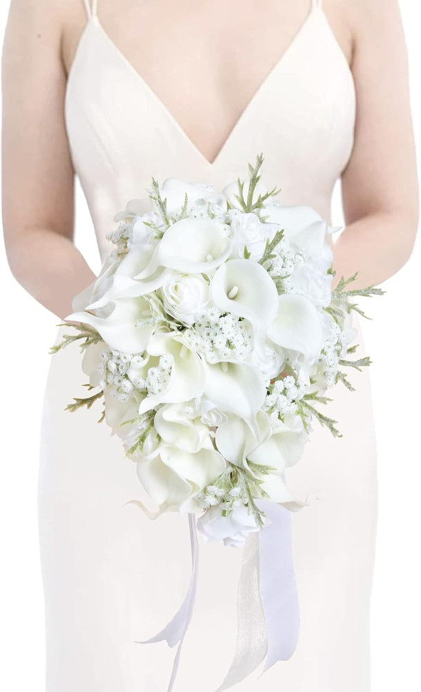 Elegant 11″ White Calla Lily Cascading Bridal Bouquet for Weddings & Showers