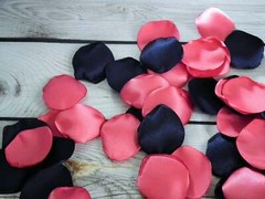 Coral and navy satin rose petals, 25 count artificial petals